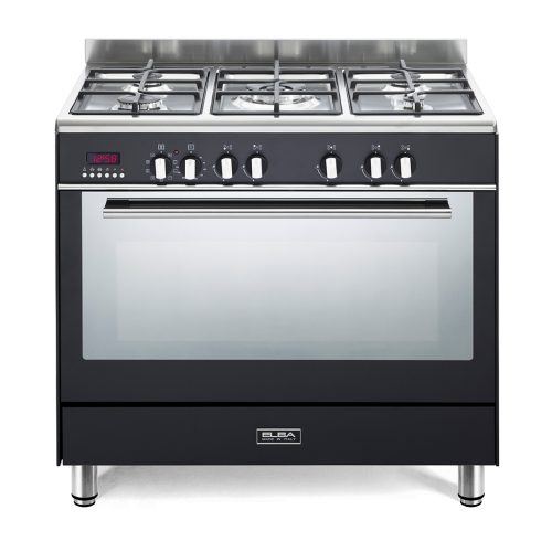 f4af7ec22992be226f4b73b29f0db481 ELBA FUSION 90CM 5 BURNER GAS COOKER WITH ELECTRIC OVEN- BLACKCOOKTOP 5 Gas burners (1 triple ring) Cast iron pan supports Electronic ignition Safety devices on all burners OVEN Electric Multifunction Oven 120 L (Gross) Oven Capacity True fan cooking Cooling fan Electronic timer Interior light Easy to clean enamel Double glass door Removable inner glass Rotisserie Catalytic panels Adjustable legs Equipment: Tray, Shelf, Rotisserie kit. Glass lid optional Overall Dimensions (HxWxD): 850mm x 900mm x 600 mm